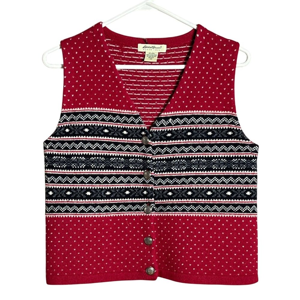 Eddie Bauer Wool Vest Fairisle Knit Red Vtg Heritage Equestrian Academia Wom XS